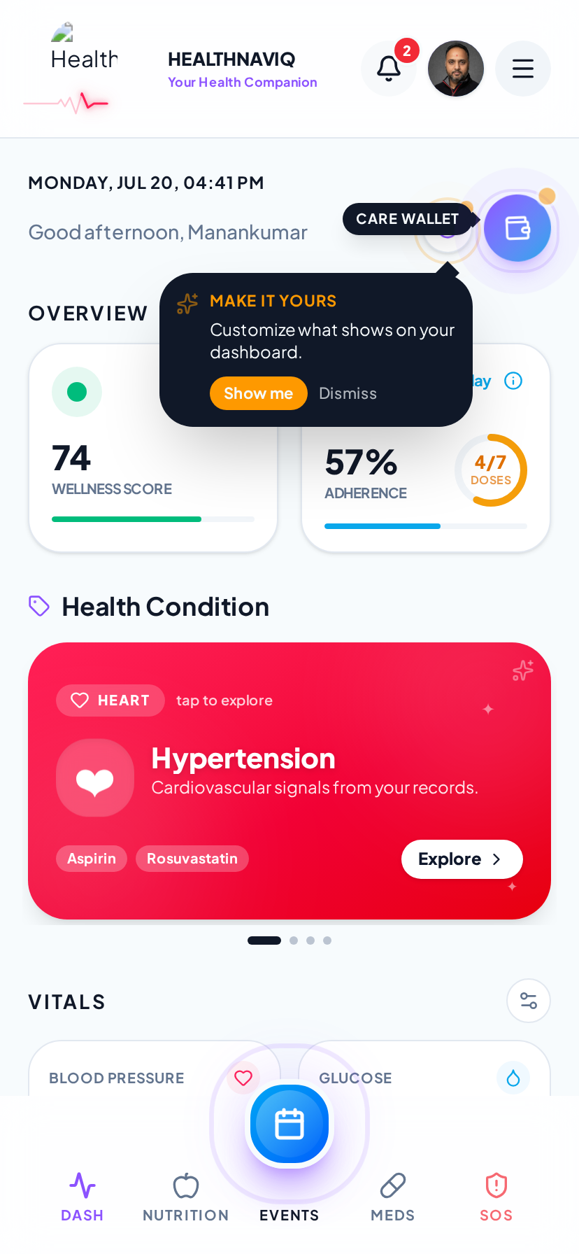 Vitals & goals screen